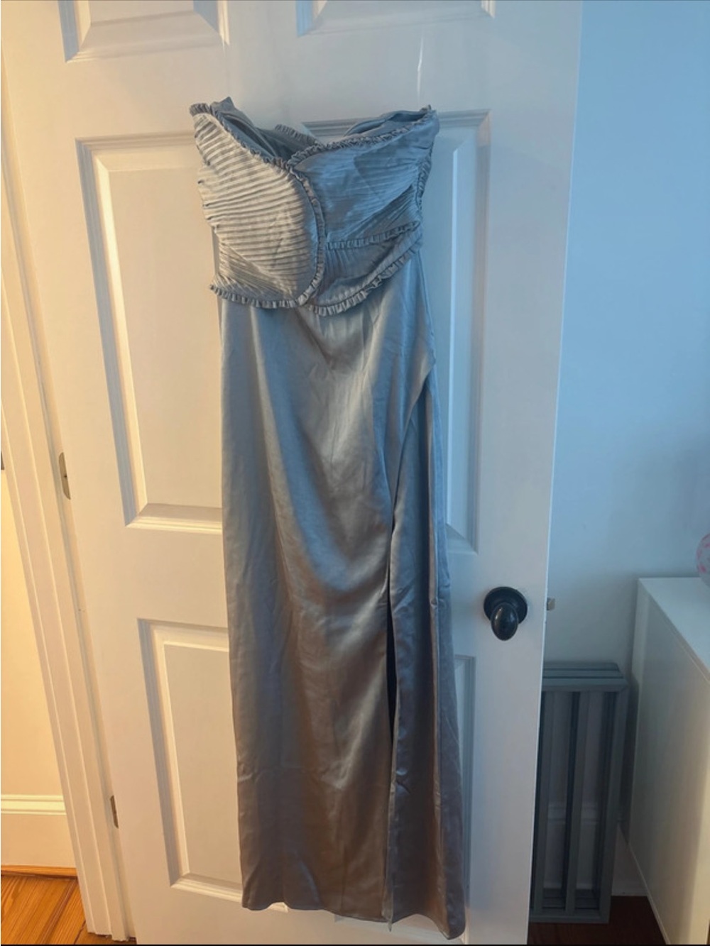 Meshki Silver Strapless Satin Maxi Dress with Side Slit